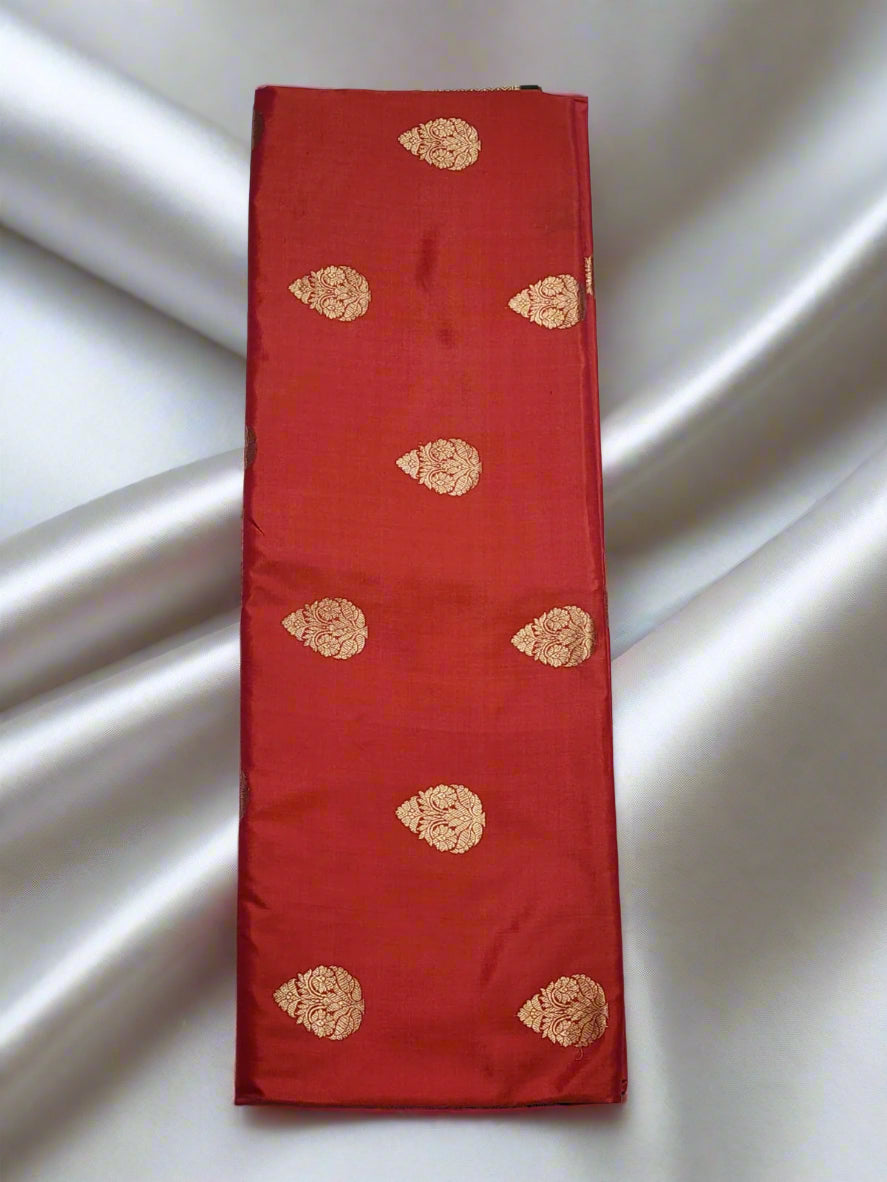 Deep Red Banarasi Silk Saree with Intricate Gold Buttas
