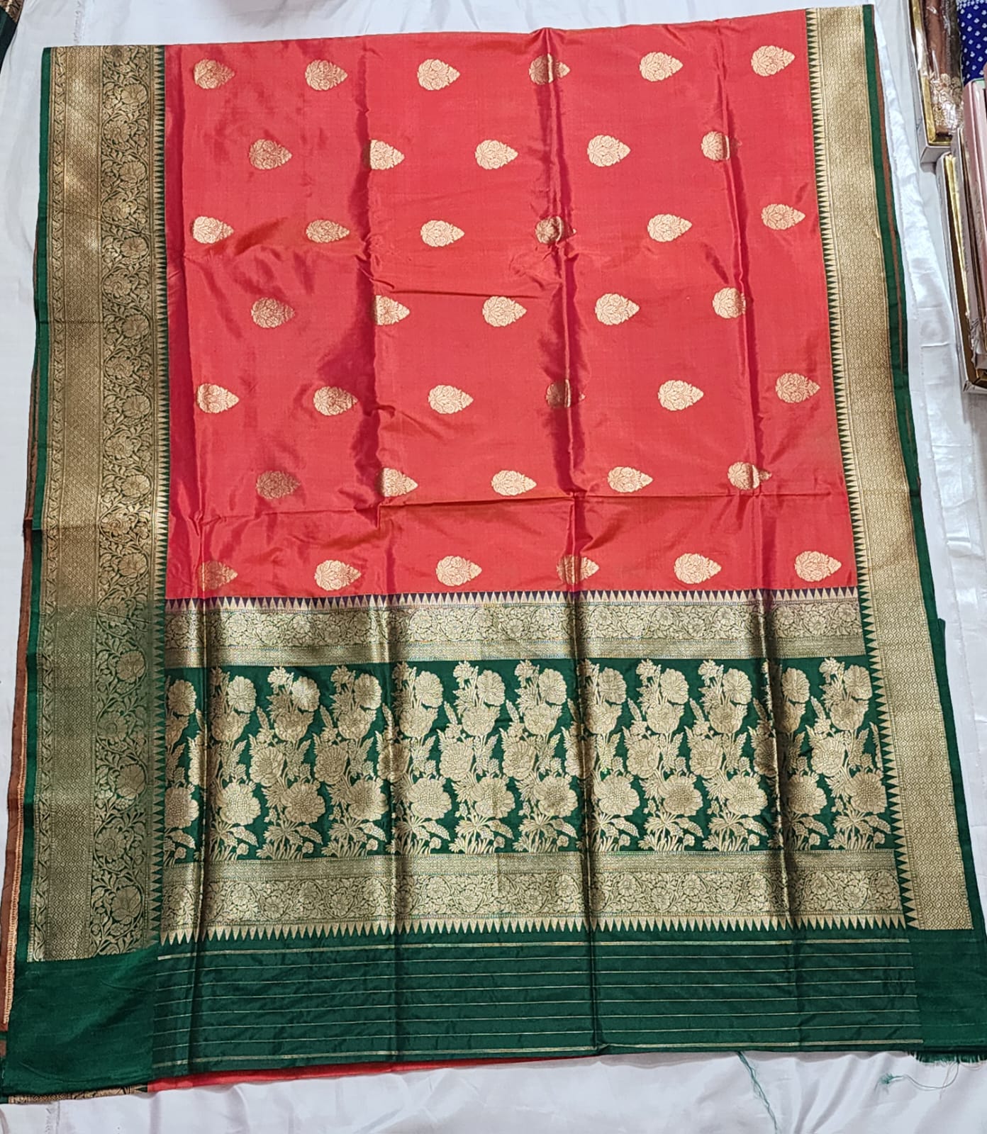 Deep Red Banarasi Silk Saree with Intricate Gold Buttas