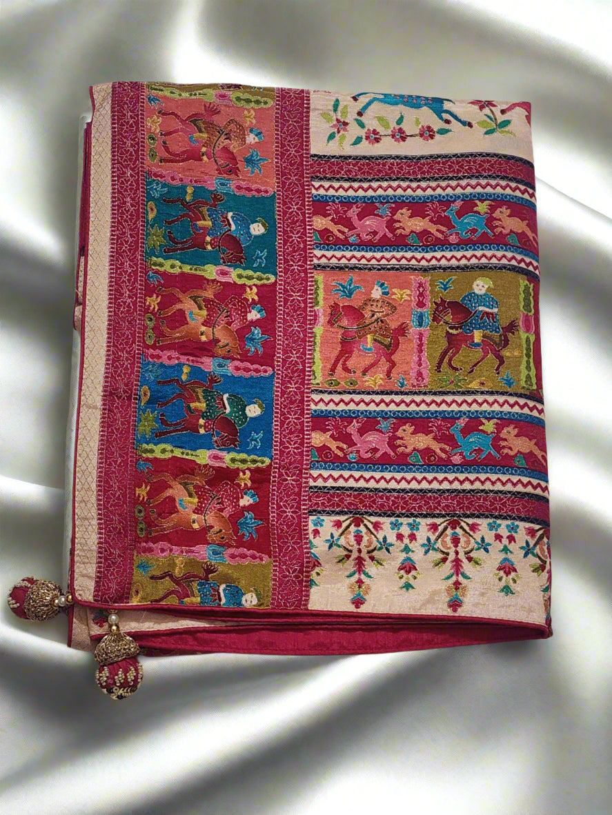 Cream Base with Multicolour Dola Silk Saree