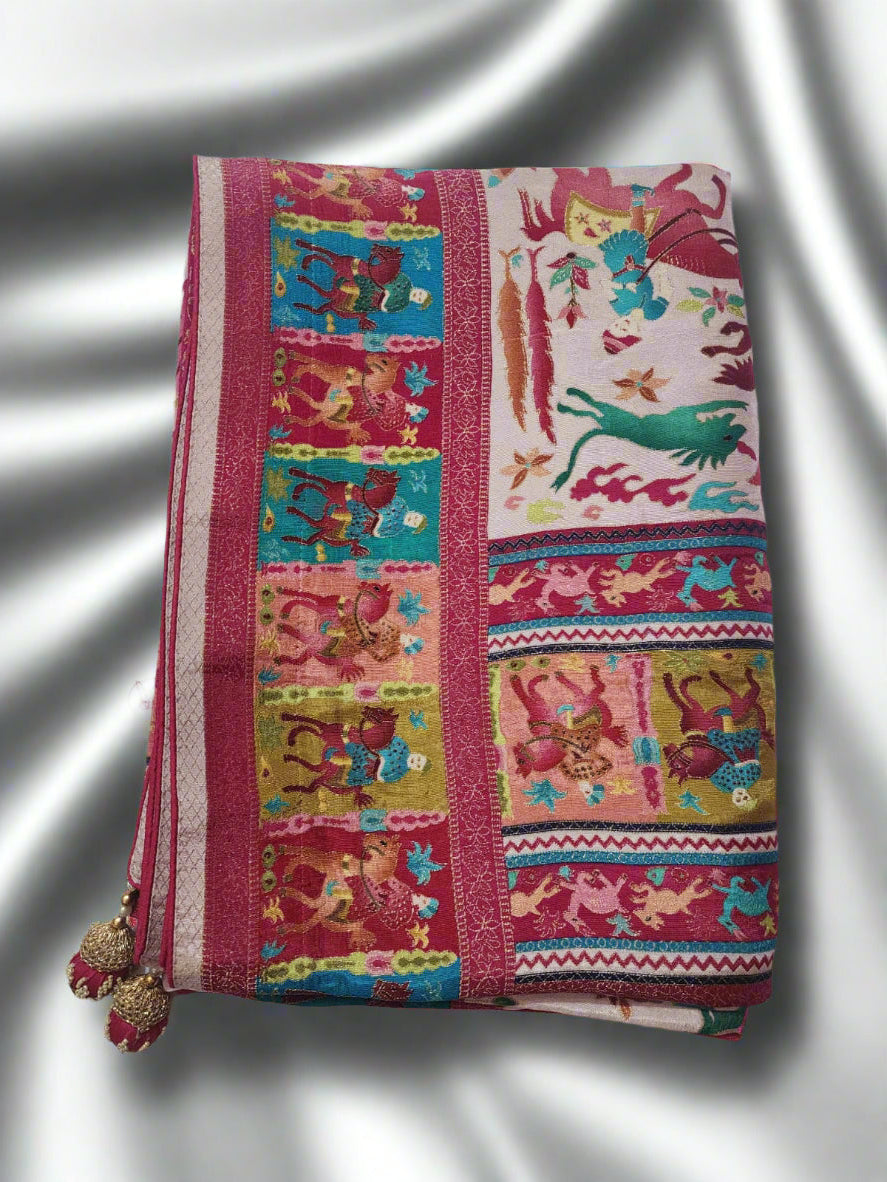 Off-white Body with Pink Border Dola Silk Saree
