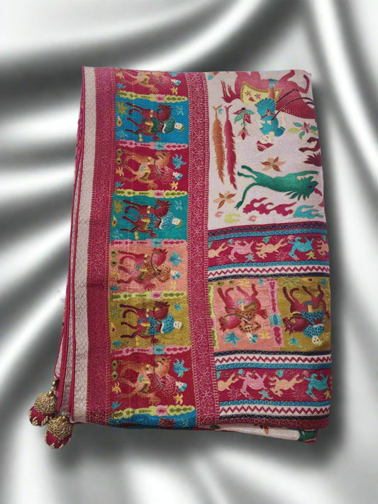 Off-white Body with Pink Border Dola Silk Saree