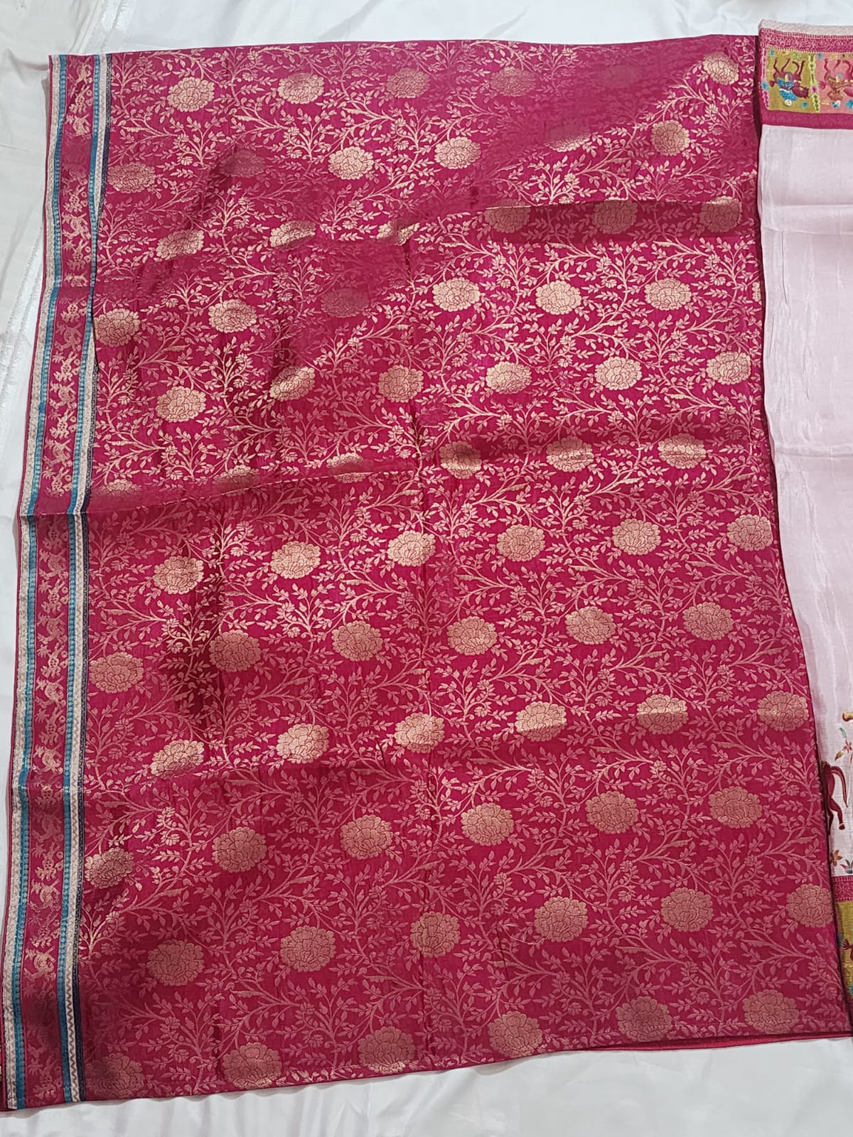 Off-white Body with Pink Border Dola Silk Saree