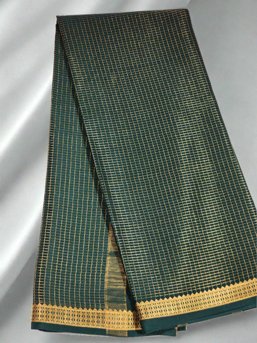 Green Mysore Silk Saree with Traditional Gold Zari Checks and Border