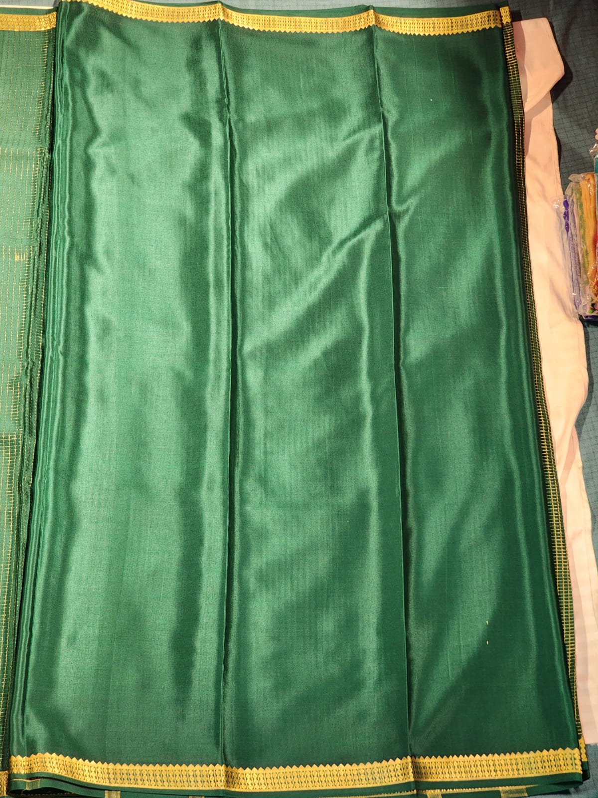 Green Mysore Silk Saree with Traditional Gold Zari Checks and Border