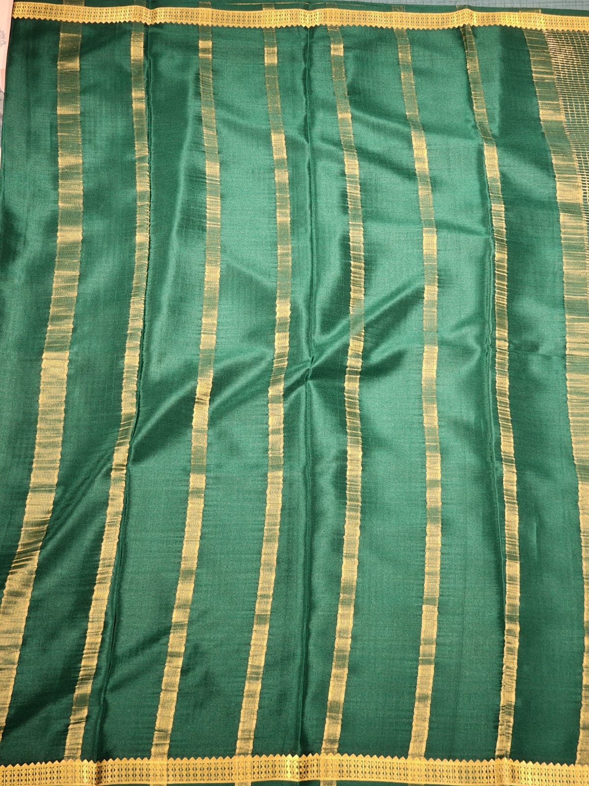 Green Mysore Silk Saree with Traditional Gold Zari Checks and Border
