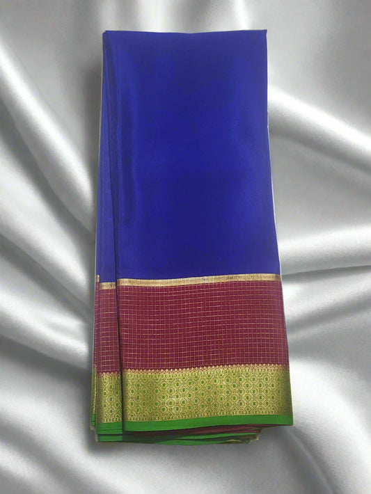 Cobalt Blue with Red-Green Contrast Mysore Silk Saree