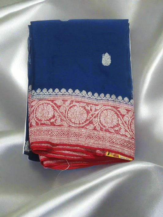 Royal Blue with Red & Silver Zari Border Khadi Chiffon Banarasi Saree
