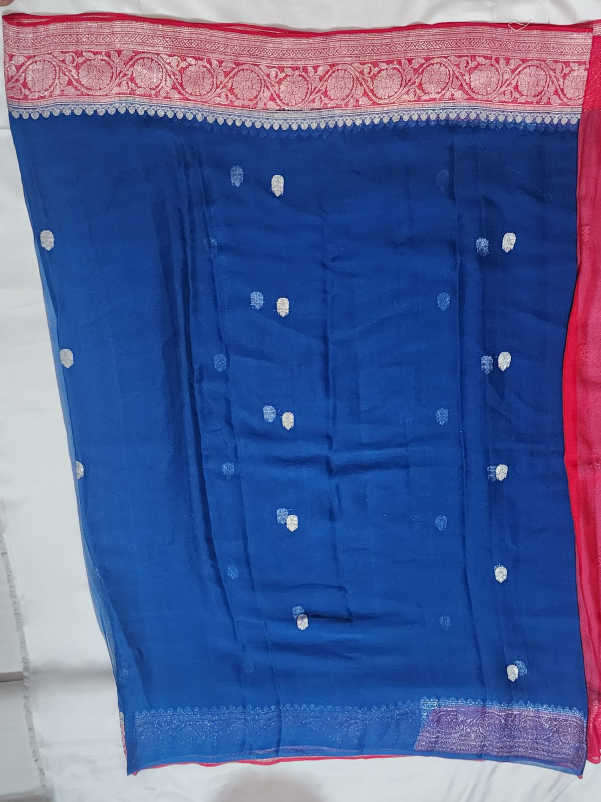 Royal Blue with Red & Silver Zari Border Khadi Chiffon Banarasi Saree