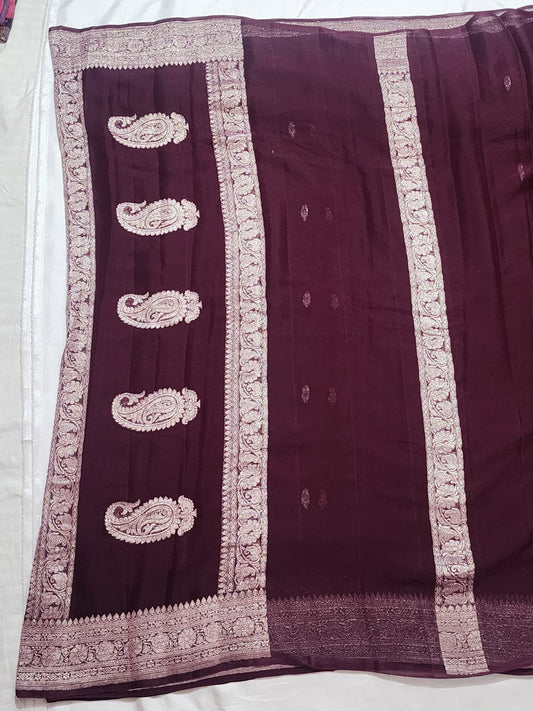 Deep chocolate with Silver Zari Border Khadi Chiffon Banarasi Saree