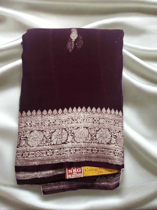 Deep chocolate with Silver Zari Border Khadi Chiffon Banarasi Saree