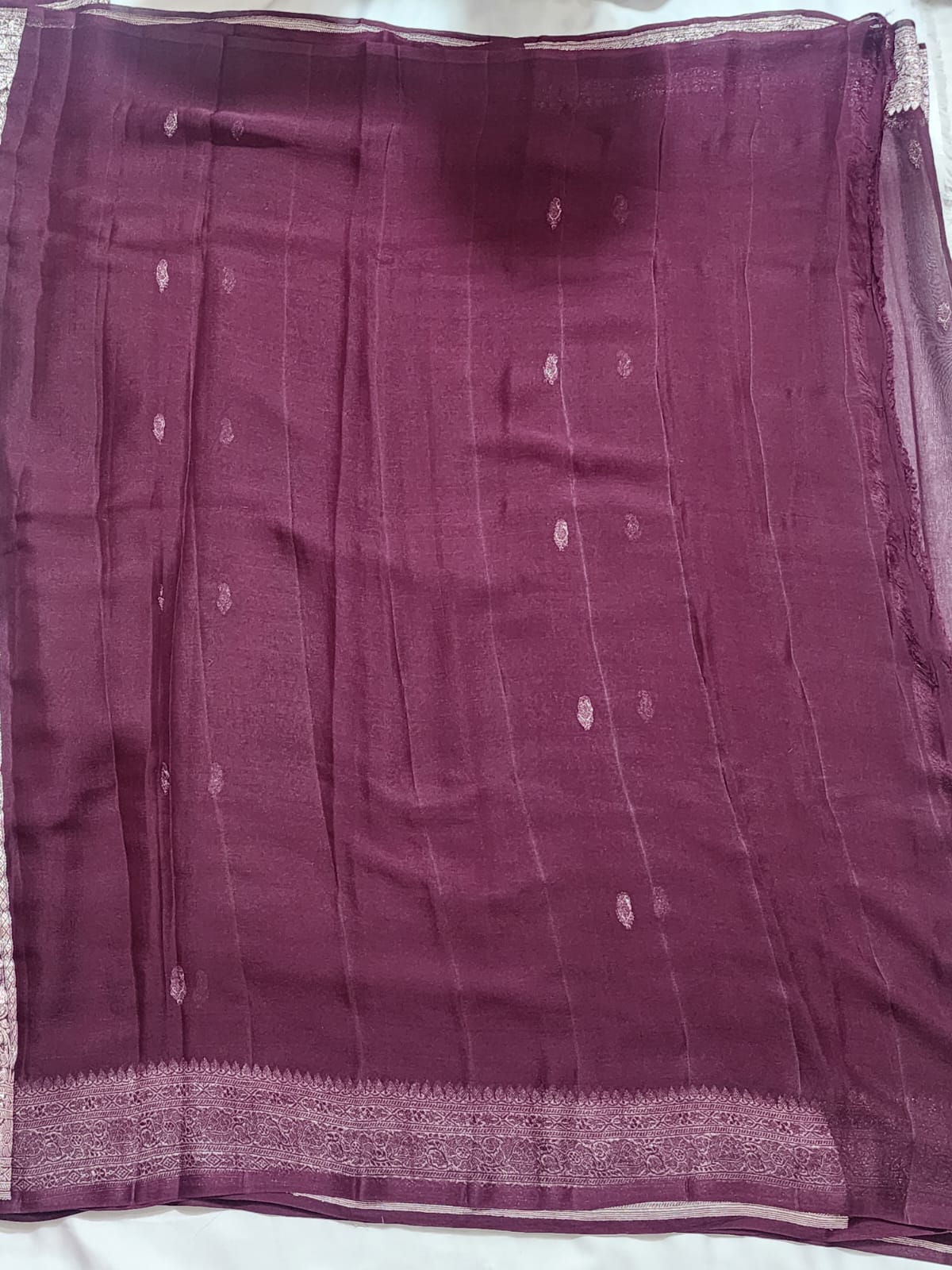 Deep chocolate with Silver Zari Border Khadi Chiffon Banarasi Saree