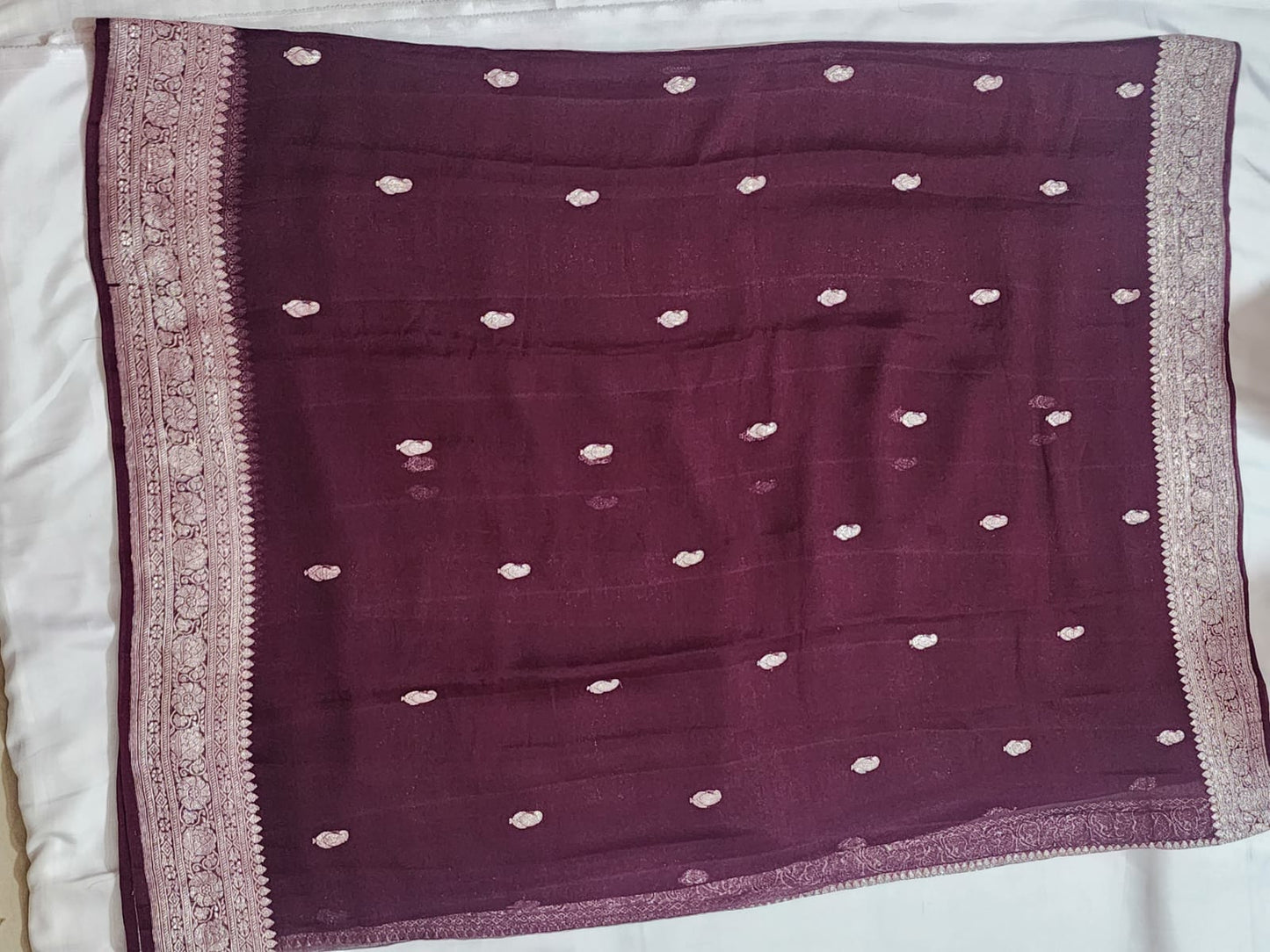 Deep chocolate with Silver Zari Border Khadi Chiffon Banarasi Saree