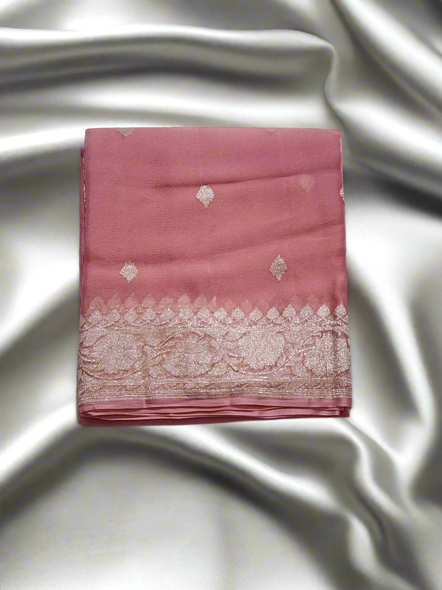 Blush Pink with Silver Zari Border Khadi Chiffon Banarasi Saree