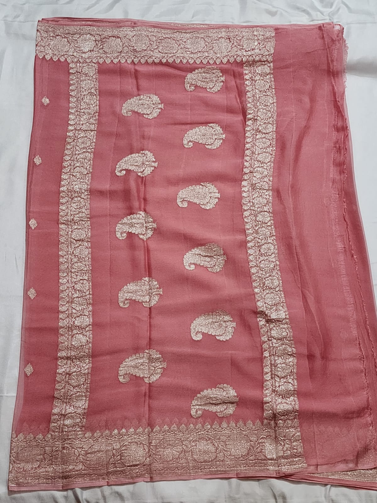 Blush Pink with Silver Zari Border Khadi Chiffon Banarasi Saree