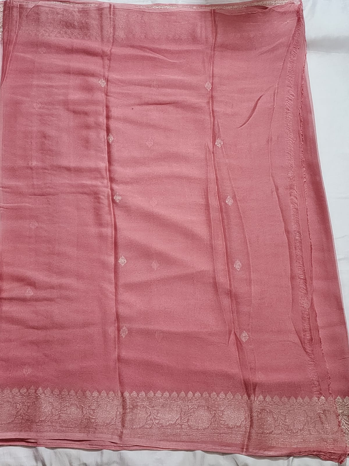 Blush Pink with Silver Zari Border Khadi Chiffon Banarasi Saree
