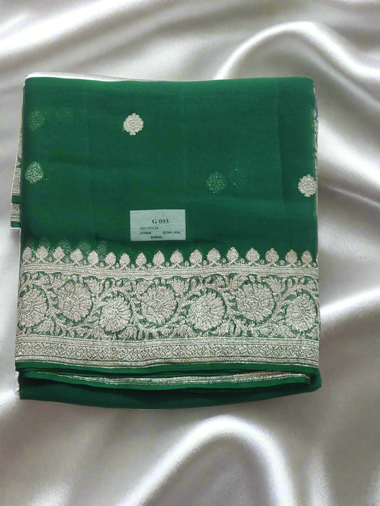 Emerald Green with Silver Zari Border Khadi Chiffon Banarasi Saree