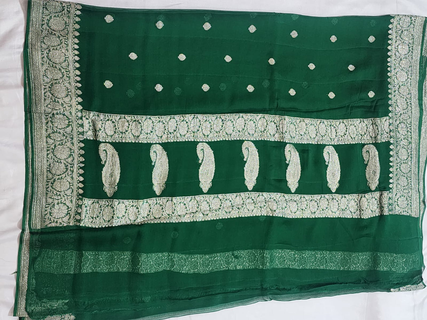 Emerald Green with Silver Zari Border Khadi Chiffon Banarasi Saree