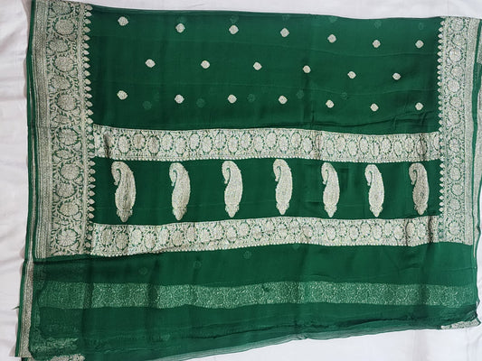 Emerald Green with Silver Zari Border Khadi Chiffon Banarasi Saree
