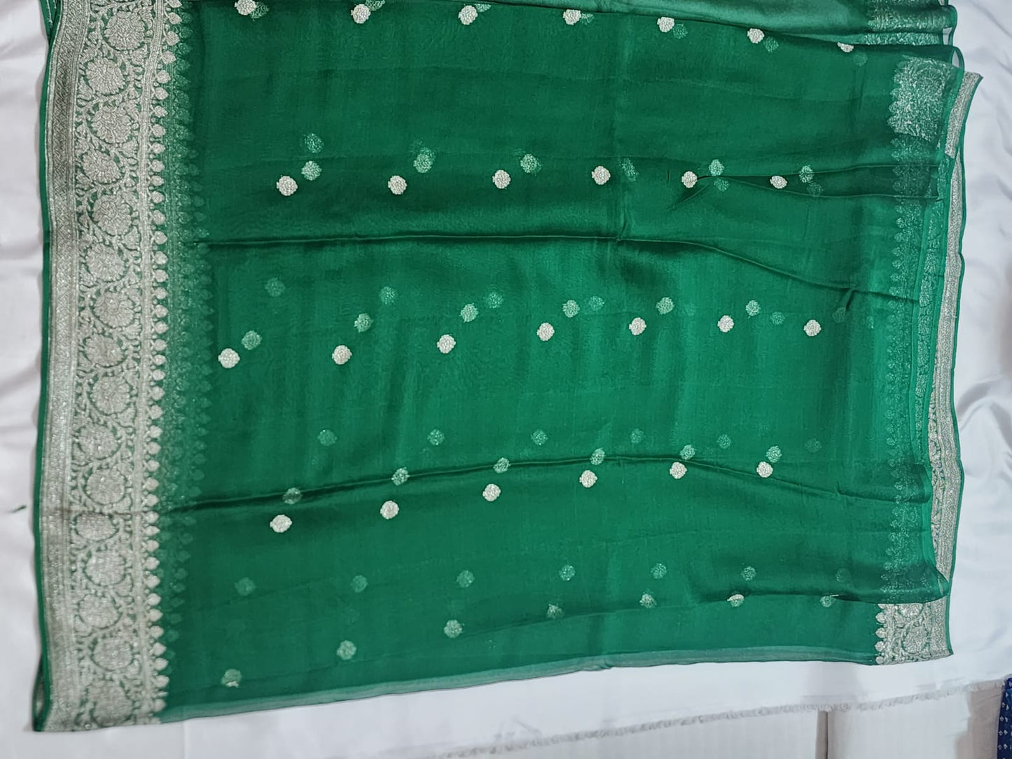 Emerald Green with Silver Zari Border Khadi Chiffon Banarasi Saree