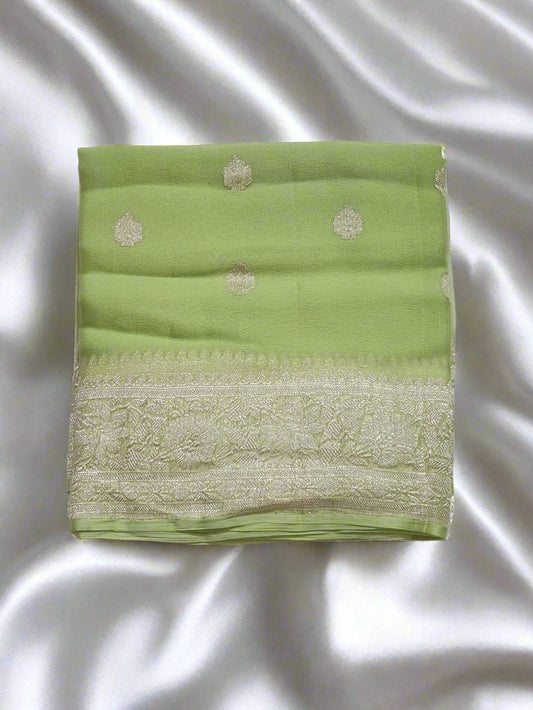 Pistachio Green with Silver Zari Border Khadi Chiffon Banarasi Saree