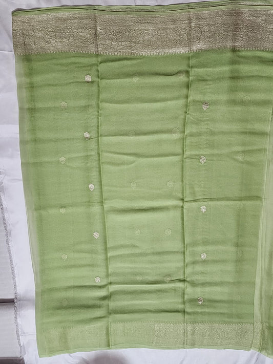 Pistachio Green with Silver Zari Border Khadi Chiffon Banarasi Saree