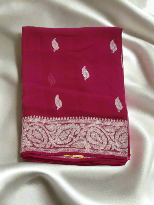 Wine Pink with Silver Zari Border Khadi Chiffon Banarasi Saree