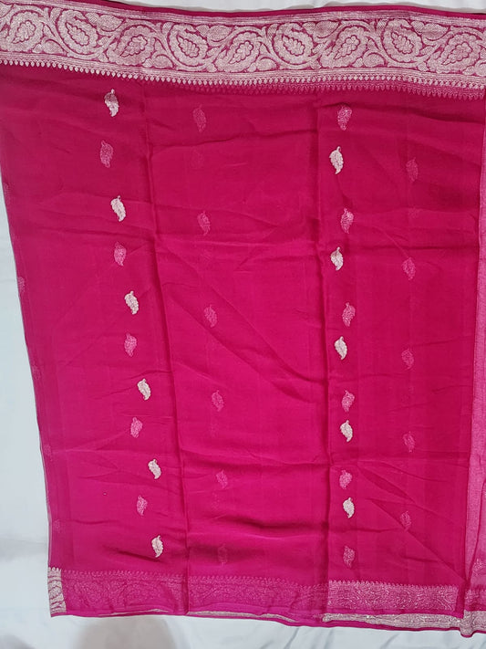 Wine Pink with Silver Zari Border Khadi Chiffon Banarasi Saree