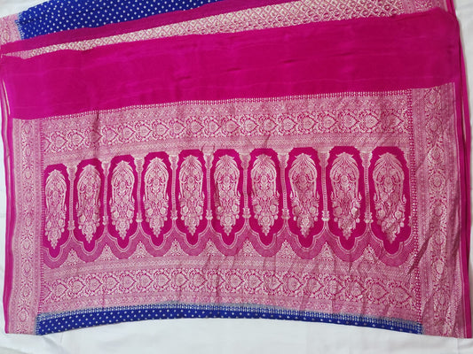 Royal Blue with Pink Zari Border Khadi Georgette Banarasi Saree