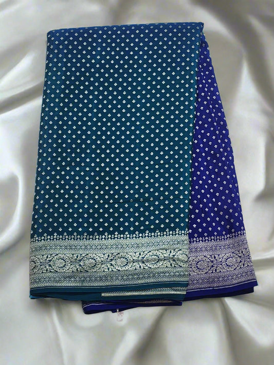 Teal and Violet with Silver Zari Border Khadi Georgette Banarasi Saree