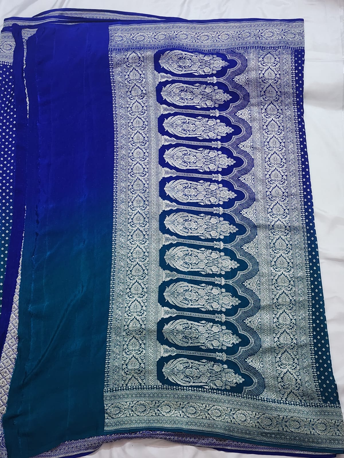 Teal and Violet with Silver Zari Border Khadi Georgette Banarasi Saree