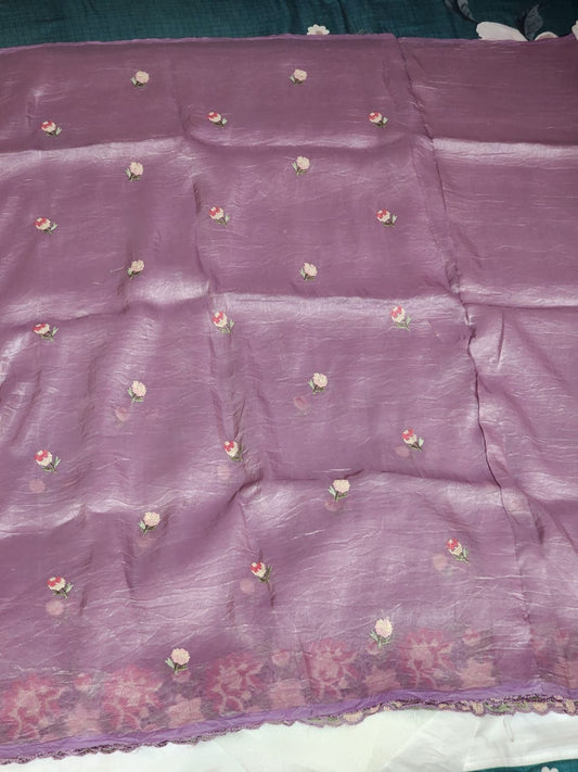 Lavender Purple with Multicolour Floral Embroidery Organza Saree