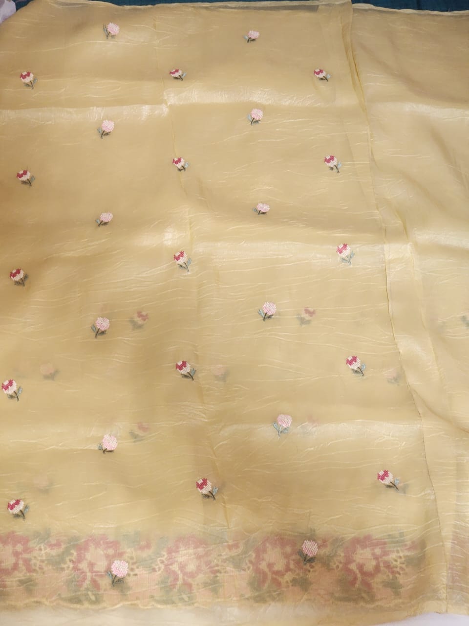 Light Yellow with Multicolour Floral Embroidery Organza Saree
