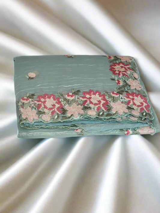 Pastel Mint Green with Multicolour Floral Embroidery Organza Saree