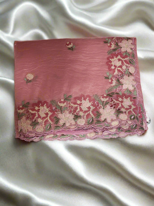 Dusty Rose Pink with Multicolour Floral Embroidery Organza Saree
