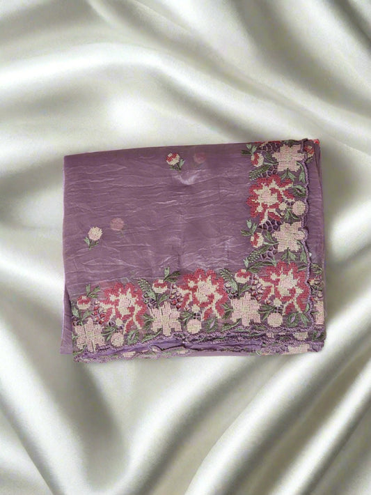 Lavender Purple with Multicolour Floral Embroidery Organza Saree
