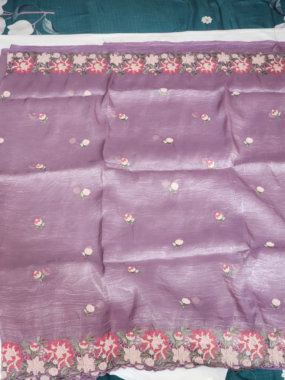 Lavender Purple with Multicolour Floral Embroidery Organza Saree