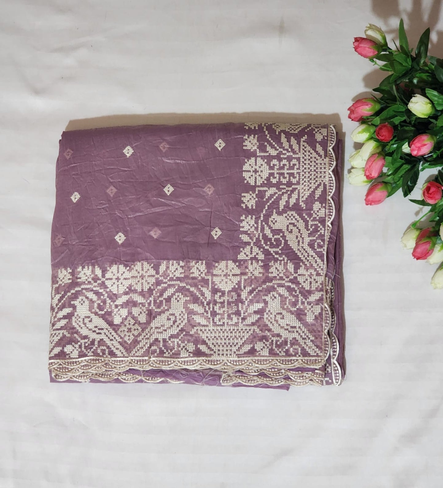 lavender with White Embroidery Organza Saree