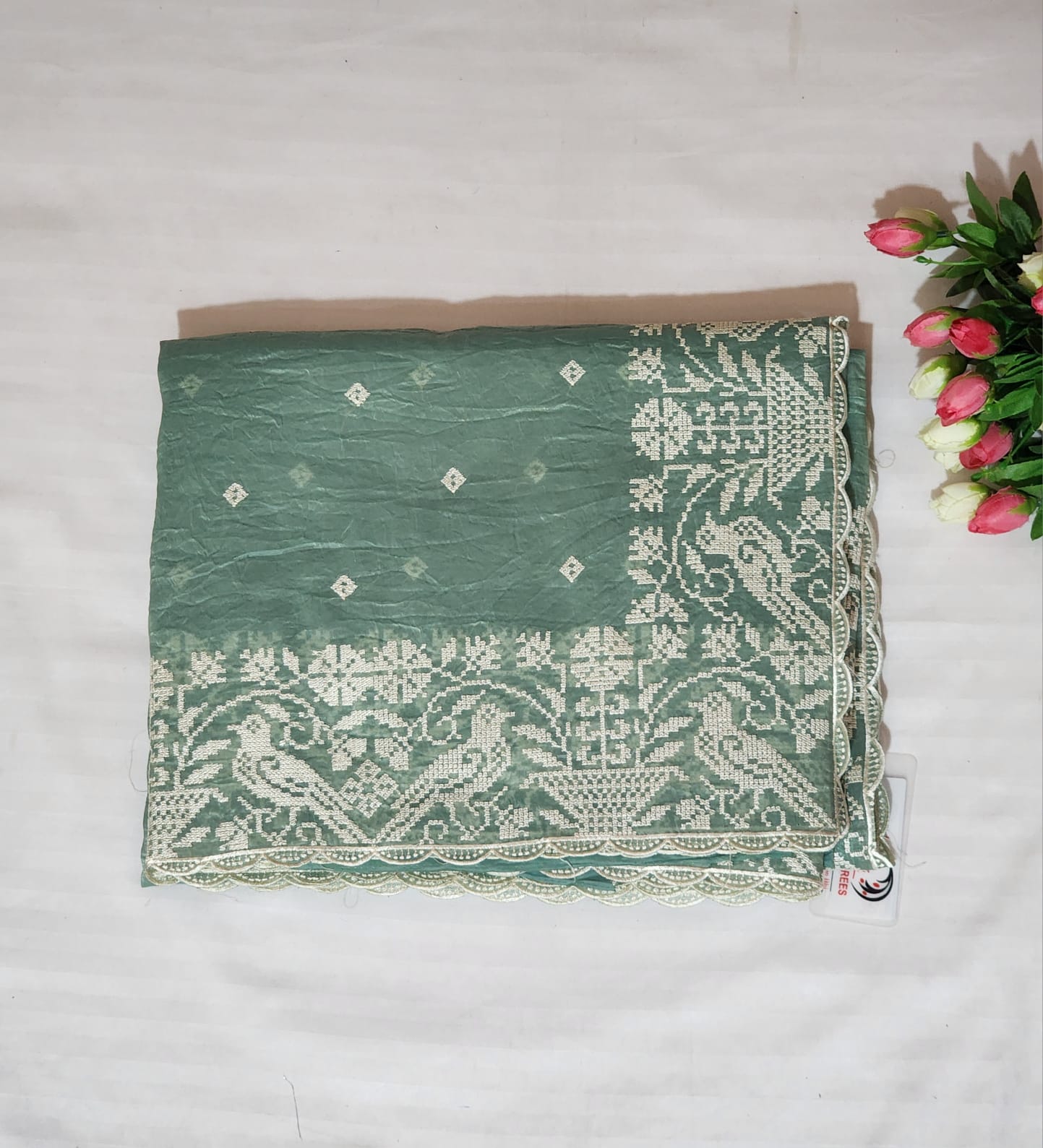 Mint Green with White Embroidery Organza Saree