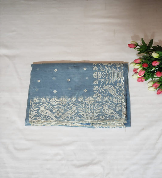 Powder Blue with White Embroidery Organza Saree