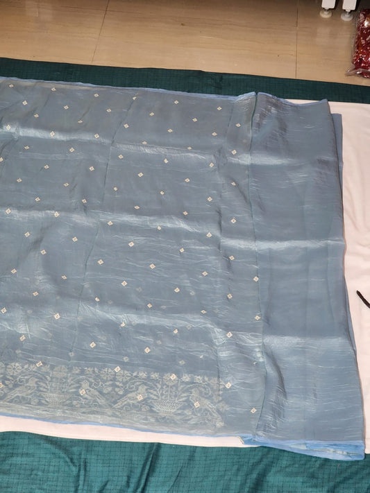 Powder Blue with White Embroidery Organza Saree