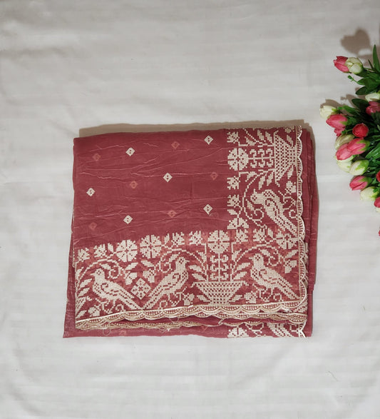 blush pink with White Embroidery Organza Saree