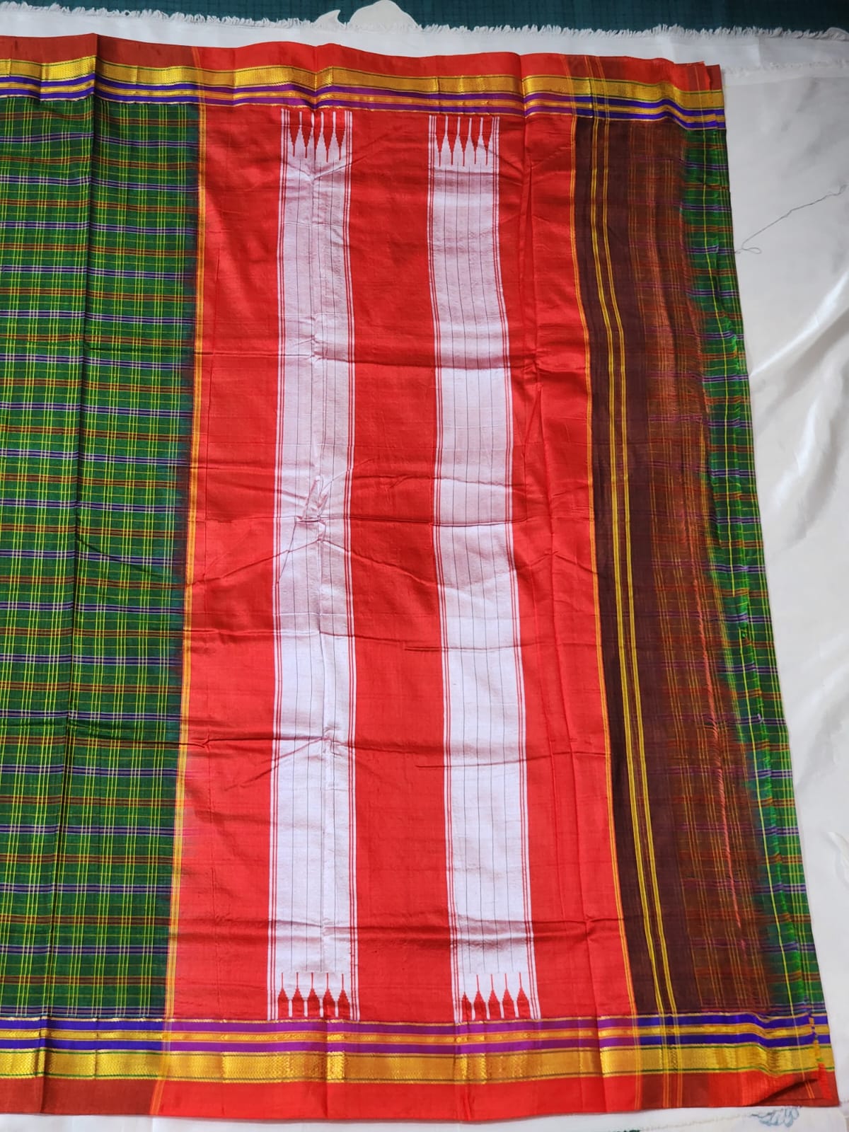 Green base with multicolor checks Ilkal Cotton Silk Saree