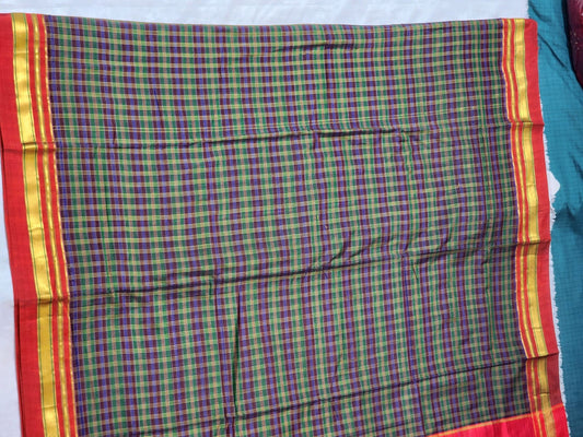 green blue multicolor checkered  Ilkal Cotton Silk Saree