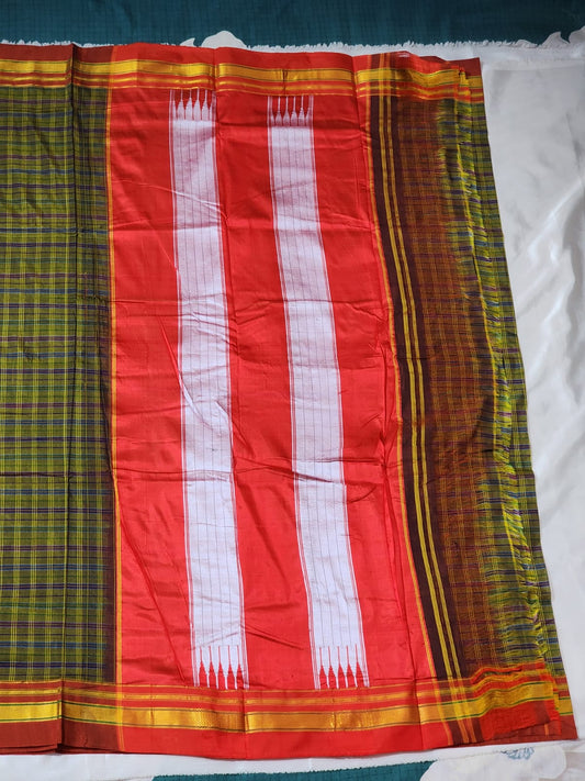 Mustard yellow multicolor checkered  Ilkal Cotton Silk Saree