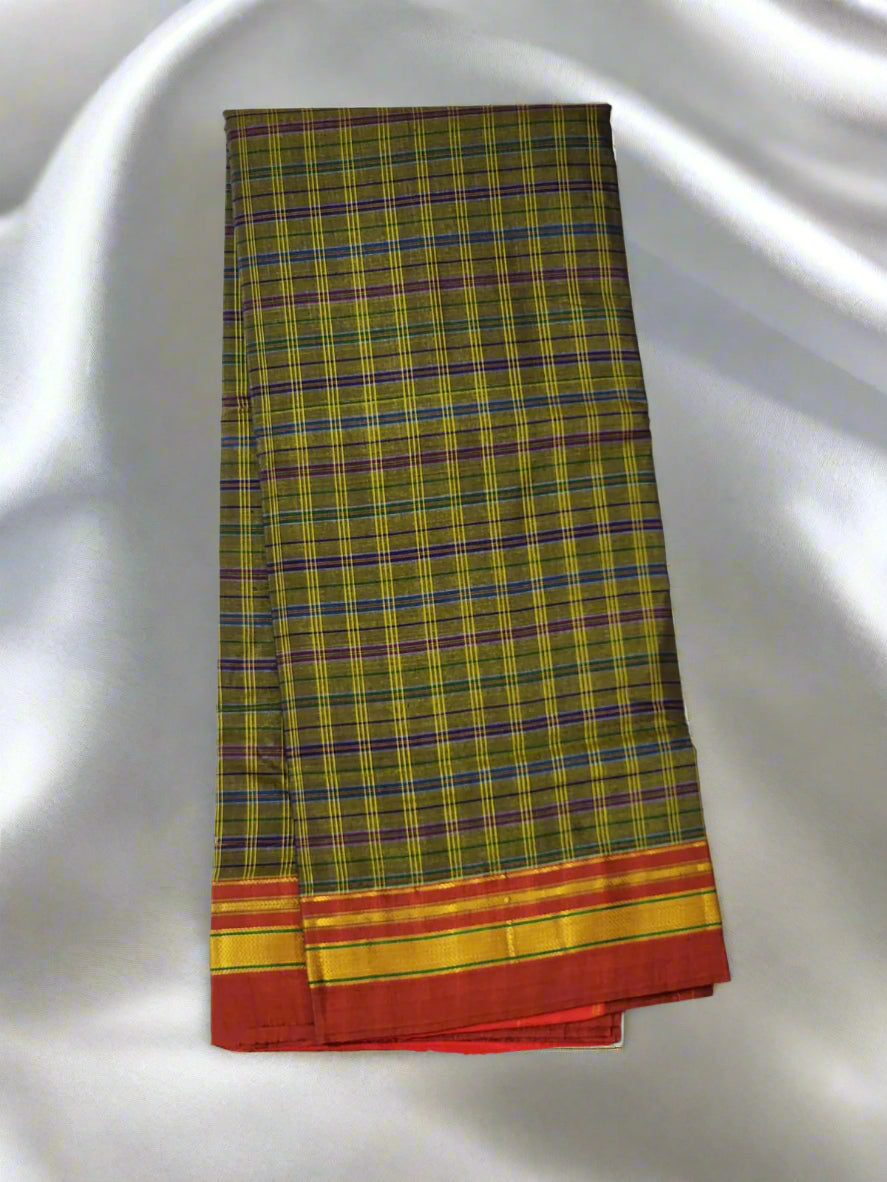 Mustard yellow multicolor checkered  Ilkal Cotton Silk Saree