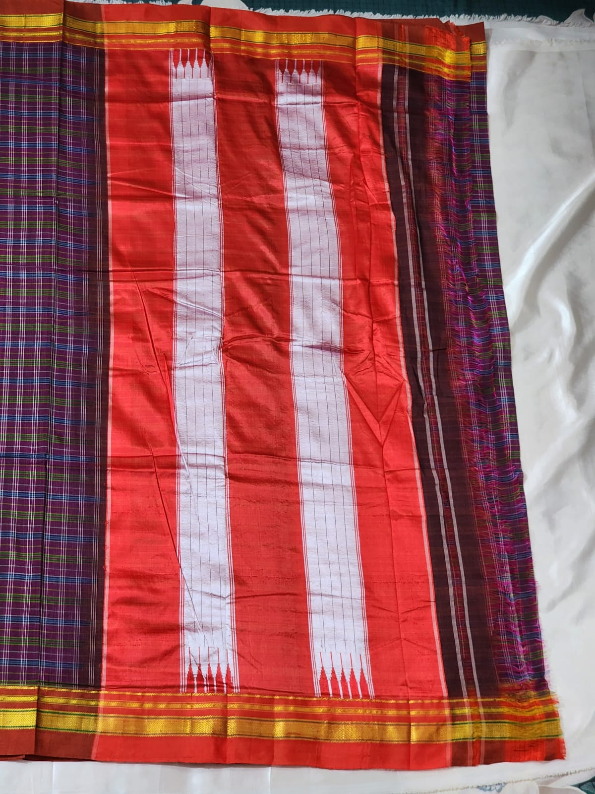 Maroon and blue checked  Ilkal Cotton Silk Saree