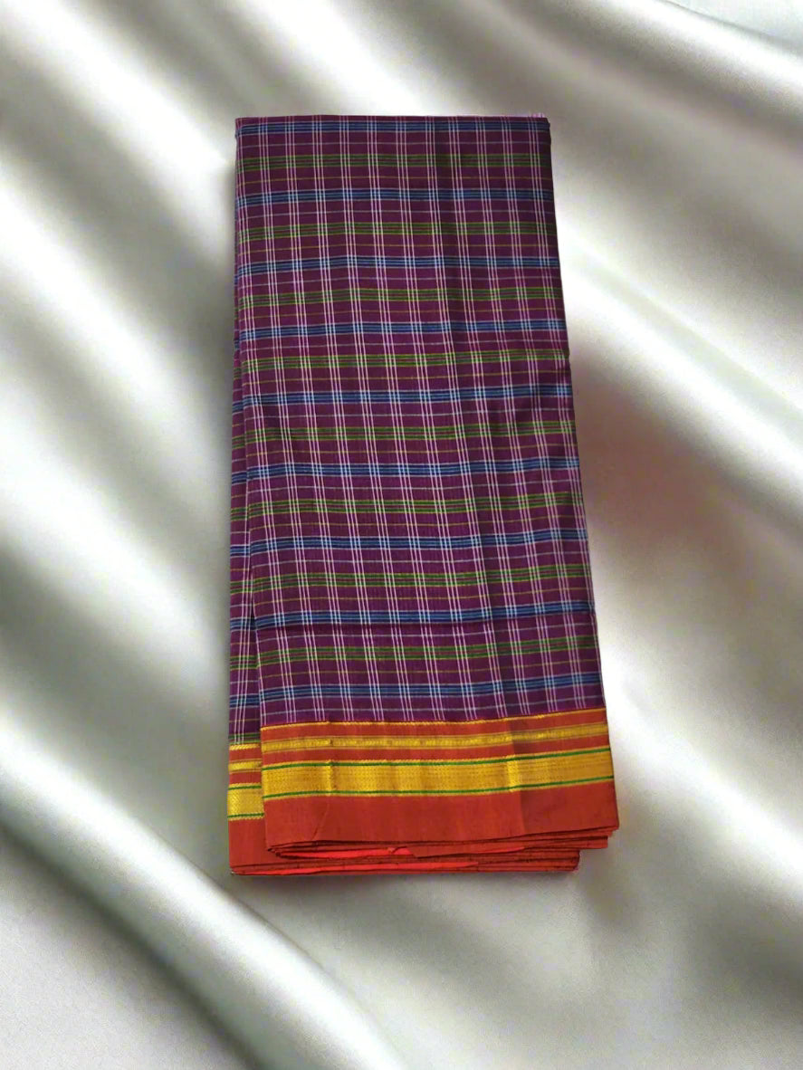 Maroon and blue checked  Ilkal Cotton Silk Saree