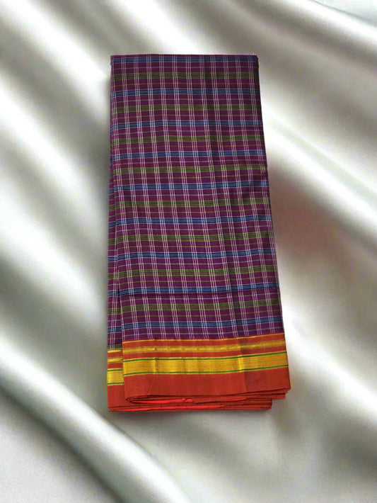 Maroon and blue checked  Ilkal Cotton Silk Saree