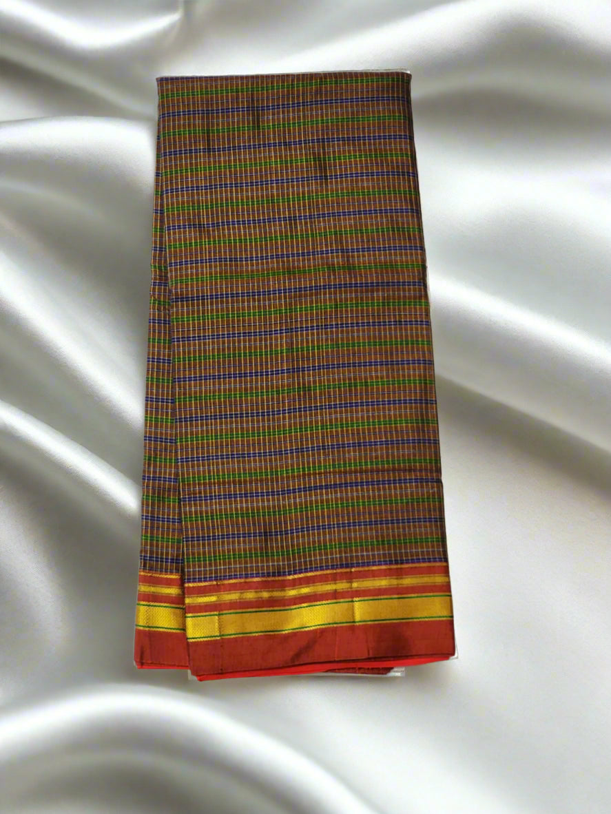 Brown base Multicolored checkered  Ilkal Cotton Saree