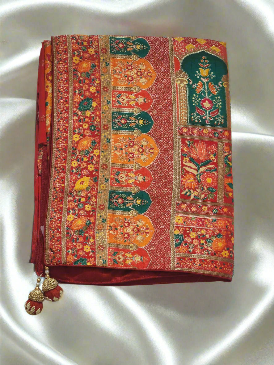 Deep red base Dola Silk Saree